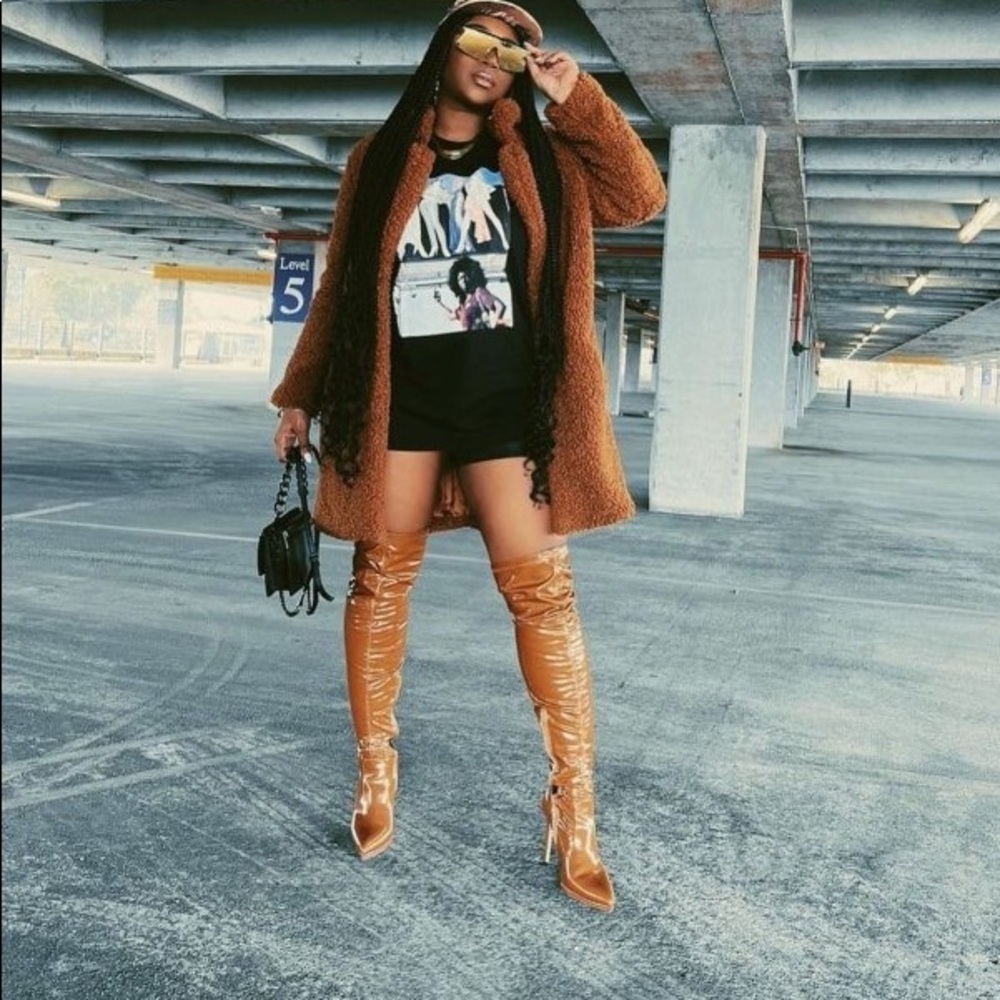 Camel Faux Leather Stiletto Boot Over Knee High NIB